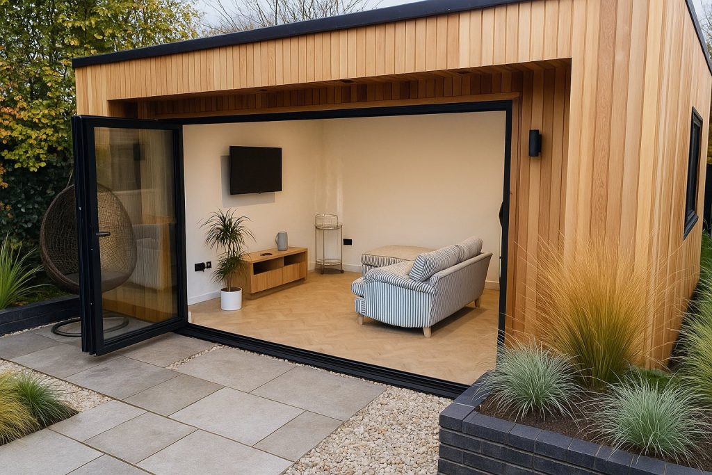 Garden room used as extra living space with a sofa and seating area