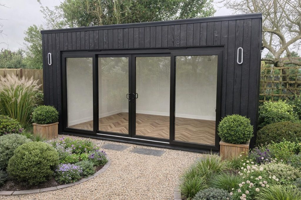 Modern black cladded garden room with sliding doors in Dartford